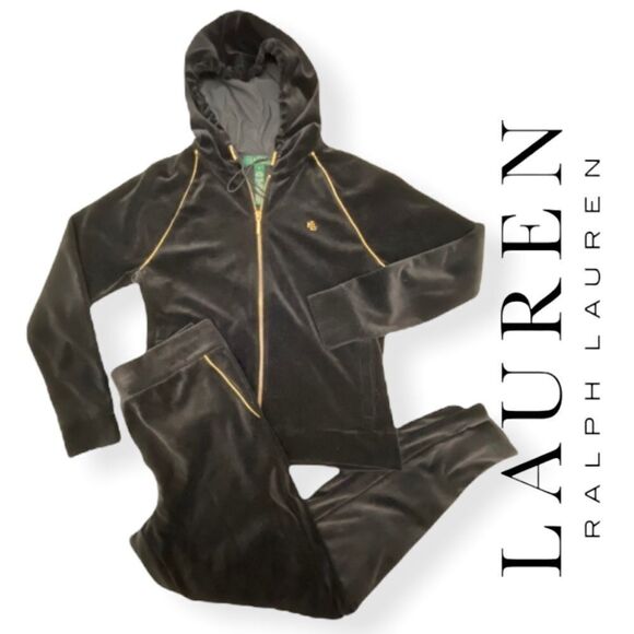 LRL Lauren Ralph Lauren Black/Gold Velour Tracksuit - Picture 14 of 14